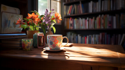 floral teacup, a stack of books, and a vase with flowers on a wooden table, with bookshelves in the background