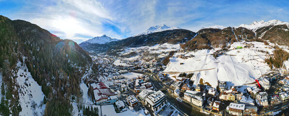 Aerial view of the Otztal Valley in Soelden Alpine resort. 360 degrees panorama.