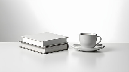 neat stack of two books with a white coffee cup and saucer on a white surface, presented in a minimalist style