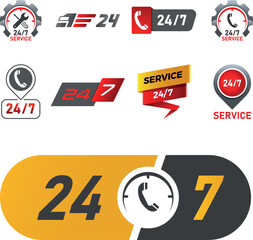 Servicehotline, 24 Stunden und 7 Tage, Rund um die Uhr, Support, technicher Service, Lieferung - Icon, Button Set
