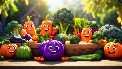 Cute cartoon funny vegetables in the garden summer