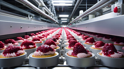 modern food factory's conveyor belt lined with many identical tarts, each topped with whipped cream and a cluster of red raspberries