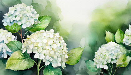 White hydrangea flowers in a garden, copy space on a side, watercolor art style