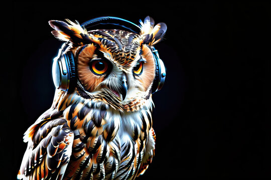 Owl with headphones isolated on a black background. Listen to music. Cover for design of music releases, albums and advertising. Music lover background. DJ concept.