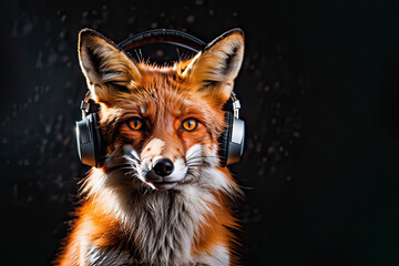 Fox in headphones isolated on black background. Listen to music. Cover for design of music releases, albums and advertising. Music lover background. DJ concept.