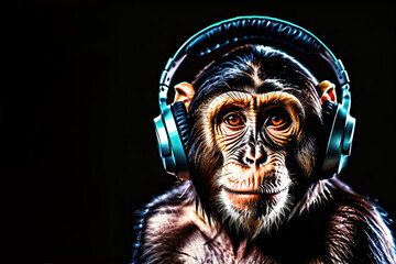 Monkey in headphones isolated on black background. Listen to music. Cover for design of music releases, albums and advertising. Music lover background. DJ concept.