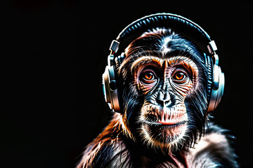 Monkey in headphones isolated on black background. Listen to music. Cover for design of music releases, albums and advertising. Music lover background. DJ concept.