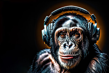 Chimpanzee wearing headphones isolated on black background. Listen to music. Cover for design of music releases, albums and advertising. Music lover background. DJ concept.