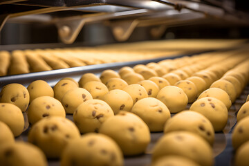Rows of uncooked, round chocolate chip cookie dough are lined up on a conveyor belt, ready for the oven