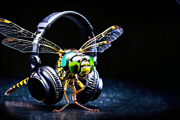 Dragonfly with headphones isolated on black background. Listen to music. Cover for design of music releases, albums and advertising. Music lover background. DJ concept.