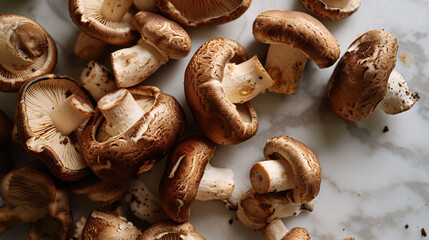 Fresh shiitake mushroomsle background, top view.