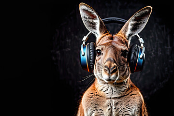 Kangaroo with headphones isolated on black background. Listen to music. Cover for design of music releases, albums and advertising. Music lover background. DJ concept.