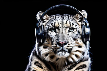 Snow Leopard wearing headphones isolated on black background. Listen to music. Cover for design of music releases, albums and advertising. Music lover background. DJ concept.