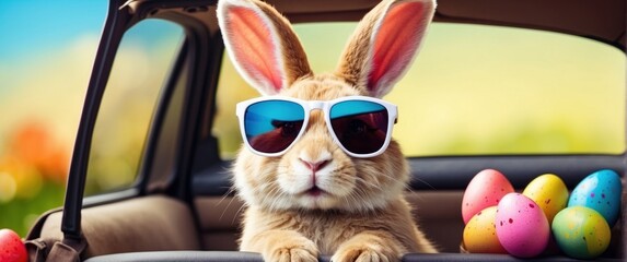 Easter bunny wearing glasses on a car and colorful eggs