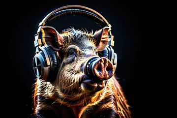 Boar in headphones isolated on black background. Listen to music. Cover for design of music releases, albums and advertising. Music lover background. DJ concept.