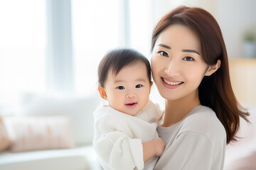 Happy asian family mother and baby girl in living room at home