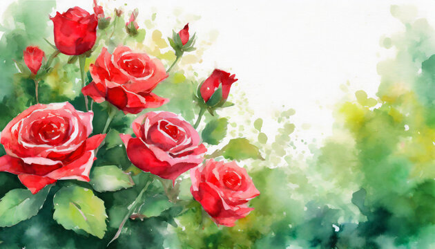 Red rose flowers in a garden, copy space on a side, watercolor art style