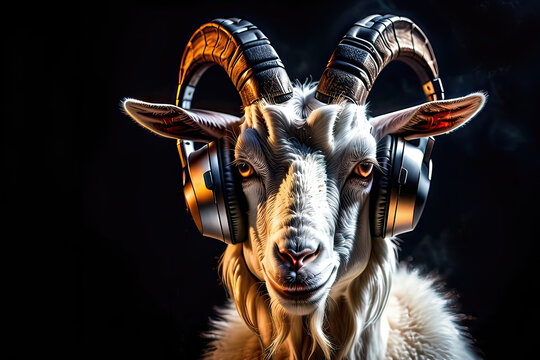 Goat wearing headphones isolated on black background. Listen to music. Cover for design of music releases, albums and advertising. Music lover background. DJ concept.