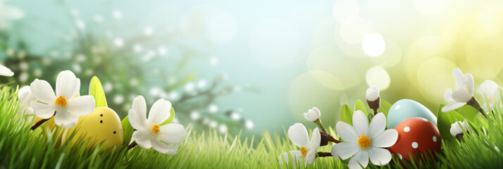Fototapeta na wymiar Easter banner featuring blossoming flowers, colorful eggs, and a chick amidst lush green grass under bright sunlight.
