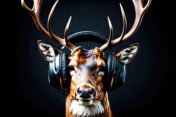 Deer in headphones isolated on black background. Listen to music. Cover for design of music releases, albums and advertising. Music lover background. DJ concept.