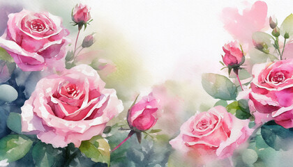 Pink rose flowers in a garden, copy space on a side, watercolor art style