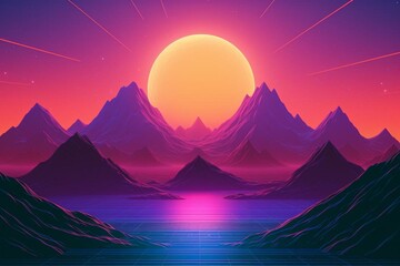 A retro-futuristic 80's landscape with sun and mountains illustration. Perfect for 80's style designs. Generative AI