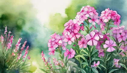 Pink phlox in a garden, copy space on a side, watercolor art style