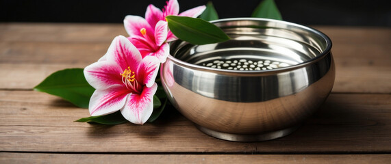 Silver water bowl decorated with flowers on Songkran Day - obrazy, fototapety, plakaty