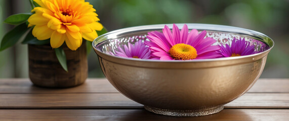 Silver water bowl decorated with flowers on Songkran Day