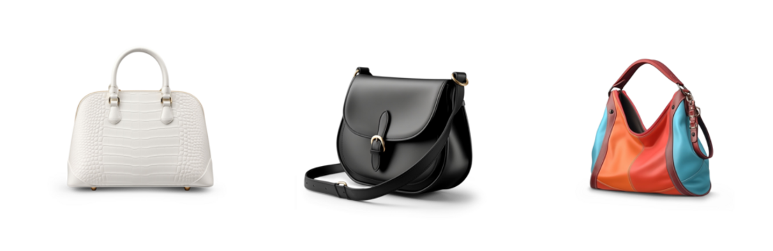 set collection of stylish women handbag purse, red and white leather, different colors and style, luxury elegant ladies hand bags isolated on white png transparent background