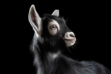 Obraz premium American Pygmy goat close-up portrait on a black background. 