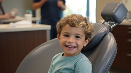 Boy patient child sitting in dentist chair smiling