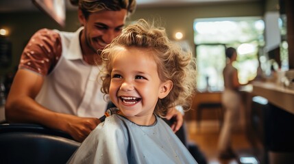 portrait of small girl child at hairdresser salon sitting in chair