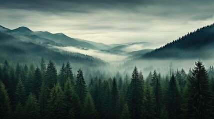 Naklejka na ściany i meble foggy forest mountain landscape with mist and summer trees