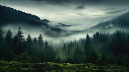 wet green forest with mist landscape in the mountains - obrazy, fototapety, plakaty
