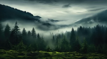 Zelfklevend Fotobehang wet green forest with mist landscape in the mountains © Barosanu