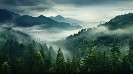 Stoff pro Meter wet green forest with mist landscape in the mountains © Barosanu