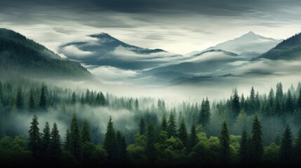 wet green forest with mist landscape in the mountains