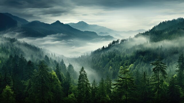 Fototapeta wet green forest with mist landscape in the mountains
