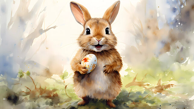 A watercolor painting of a bunny holding an egg with a happy face on it's chest