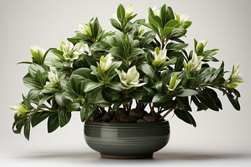 White Rhododendron flowers in a pot on a gray background