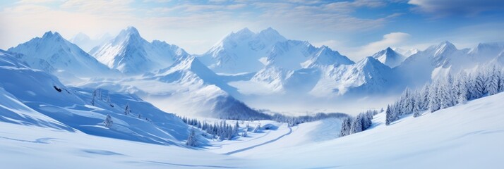 Panoramic landscape of high mountain range in winter with snowy peaks with ice and clouds