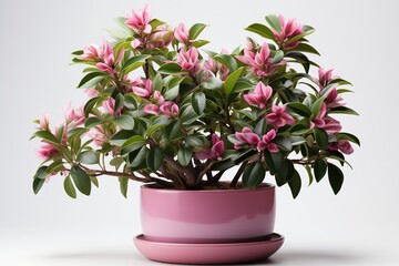 Pink rhododendron in a pot on a white background
