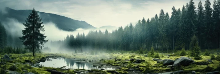 Fotobehang panorama banner of mountain landscape with river and green forest © Barosanu