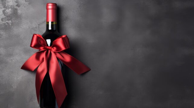 Romantic red: wine bottle adorned with satin ribbon bow for valentine's day on concrete background