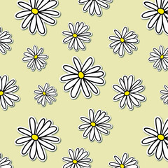 Hand drawn seamless pattern daisy. Cute daisies colorful background. Simple print white flowers in Liberty style. Botanical illustration for the design of fabric, socks, backpack, cover. 