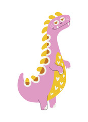 Cute bright dinosaur smiles. Ancient animal in cartoon style isolated on white background. decoration of children's room, objects and textiles. vector illustration. Hand drawing.