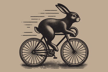 Hare rides a bicycle. Vintage retro engraving illustration. Black icon, isolated element  © Victoria