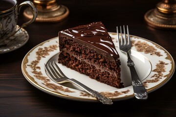 A cake on a plate with a fork and chocolate frosting on top, along with a decorative plate. Generative AI