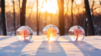 Three snow globes sitting in the snow with trees in them and a sun shining through the trees behind them - obrazy, fototapety, plakaty